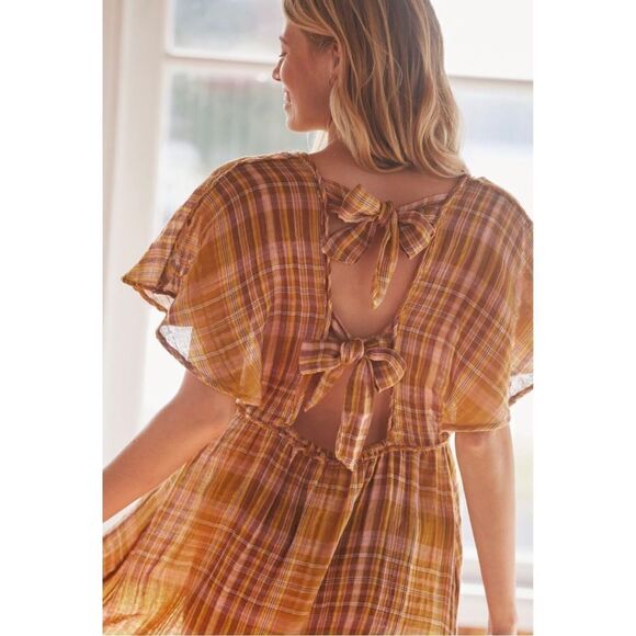 NEW Anthropologie Gauzy Plaid Cotton Flutter-Sleeve Babydoll Mini Dress Large - Picture 2 of 8